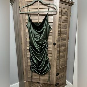 Dark green cow-neck silk scrunch dress
